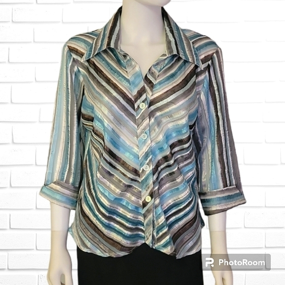 VTG DRESSBARN 1990s blue silver satin metallic striped ribbon button down shirt - Picture 1 of 7
